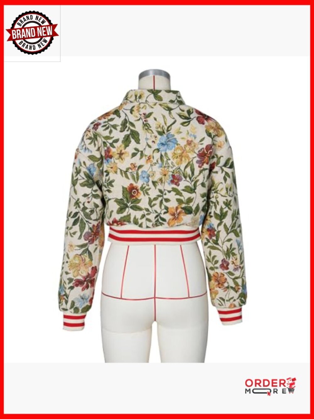 Cropped Floral Print Bomber Jacket Casual Button Down Coat Outerwear - Picture 6 of 6